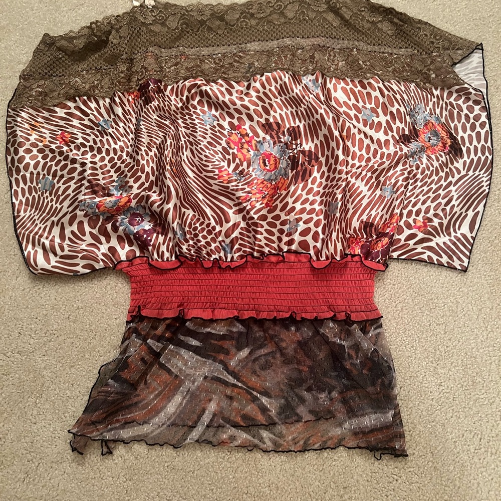 Just Living Red and White Asymmetrical Ruched Blouse